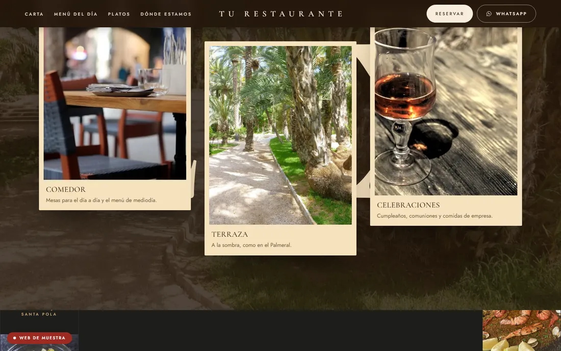 Web de muestra para un restaurante: comedor, terraza y celebraciones