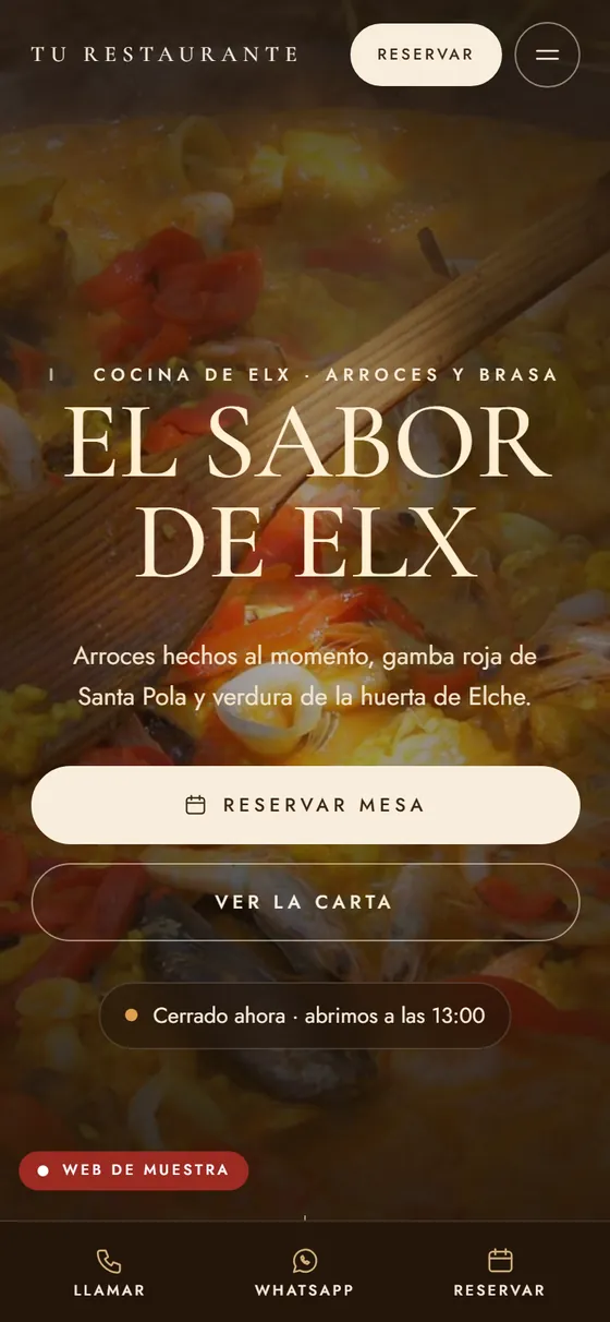 Web de muestra para un restaurante vista en el móvil